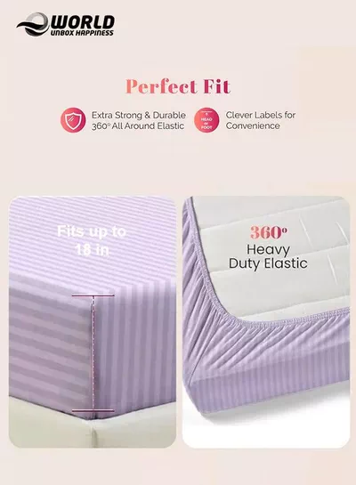Lilac Striped Microfiber Fitted Bedsheet with Deep Pocket for a Snug Fit, Breathable, Machine Washable for Optimal Protection, Available in King, Queen and Single Sizes, Without Pillow Cover-2