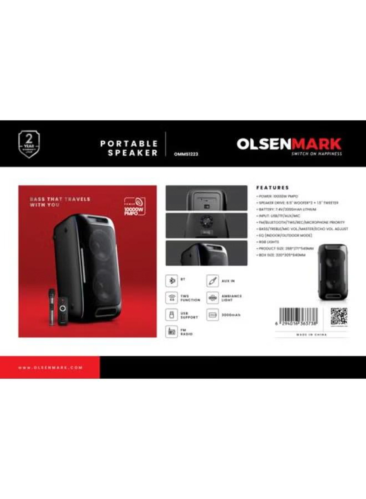 Olsenmark Rechargeable Party Speaker – OMMS1223, Bluetooth, USB/TF/FM, LED Lights, Portable-1-1