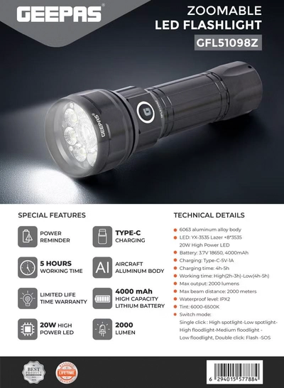GEEPAS Zoomable LED Flashlight 20W | Perfect for Indoor and Outdoor Use, 5 Hours Continuous Working | Power Reminder, 4000 mAh Lithium Battery, 2000 Lumens | GFL51098Z-3