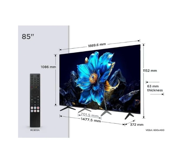 TCL 85 Inch P7K QLED TV | 4K Google TV | AiPQ Processor | Dolby Vision | HVA Panel | HLG, HDR10+, Ai Clarity, Color, HDR | Dolby Atmos | DTS Virtual:X | Miracast