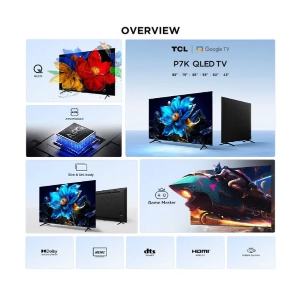 TCL 85 Inch P7K QLED TV | 4K Google TV | AiPQ Processor | Dolby Vision | HVA Panel | HLG, HDR10+, Ai Clarity, Color, HDR | Dolby Atmos | DTS Virtual:X | Miracast