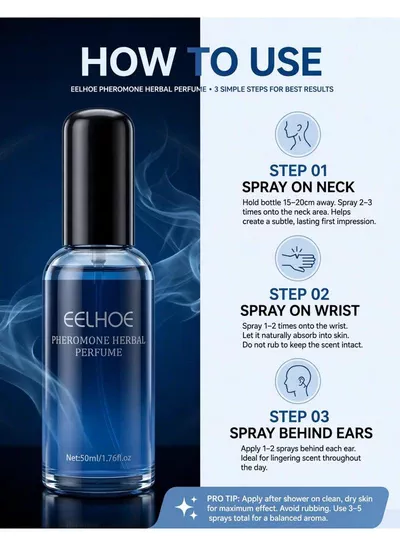 EELHOE Pheromone Herbal Perfume – Signature Scent for Special Moments Create a confident fragrance experience with EELHOE Pheromone Herbal Perfume. Perfect for everyday use and special occasions, this stylish 50ml perfume adds a polished finishing touch while helping you feel fresh, confident, and ready for the day.-5