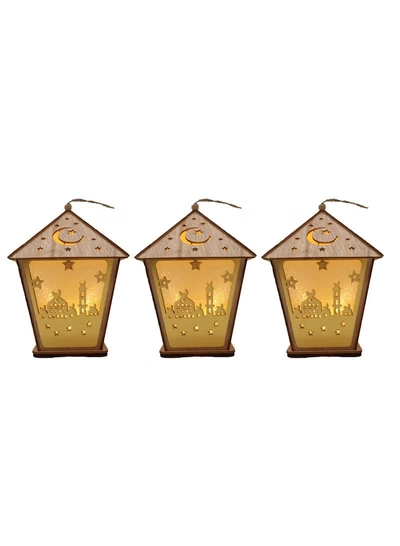 Yuwell 3 Pcs Wooden Ramadan Lantern Ramadan Mubarak Decoration Light Eid Decoration Lantern Lamp For Indoor And Outdoor Use Decoration Ramadan Light 18X13CM-0