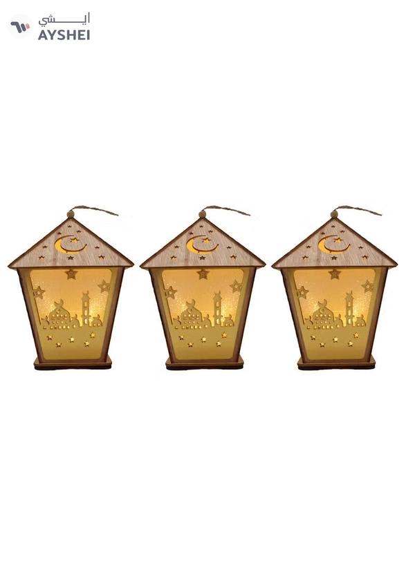 Yuwell 3 Pcs Wooden Ramadan Lantern Ramadan Mubarak Decoration Light Eid Decoration Lantern Lamp For Indoor And Outdoor Use Decoration Ramadan Light 18X13CM