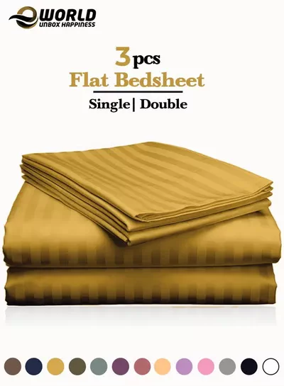 Eworld 3 Piece Luxury Gold Striped Bed Sheet Set with 1 Flat Sheet and 2 Pillowcases for Hotel and Home Crafted from Ultra Soft and Breathable Microfiber for Year-Round Comfort, (Single/Double)-0