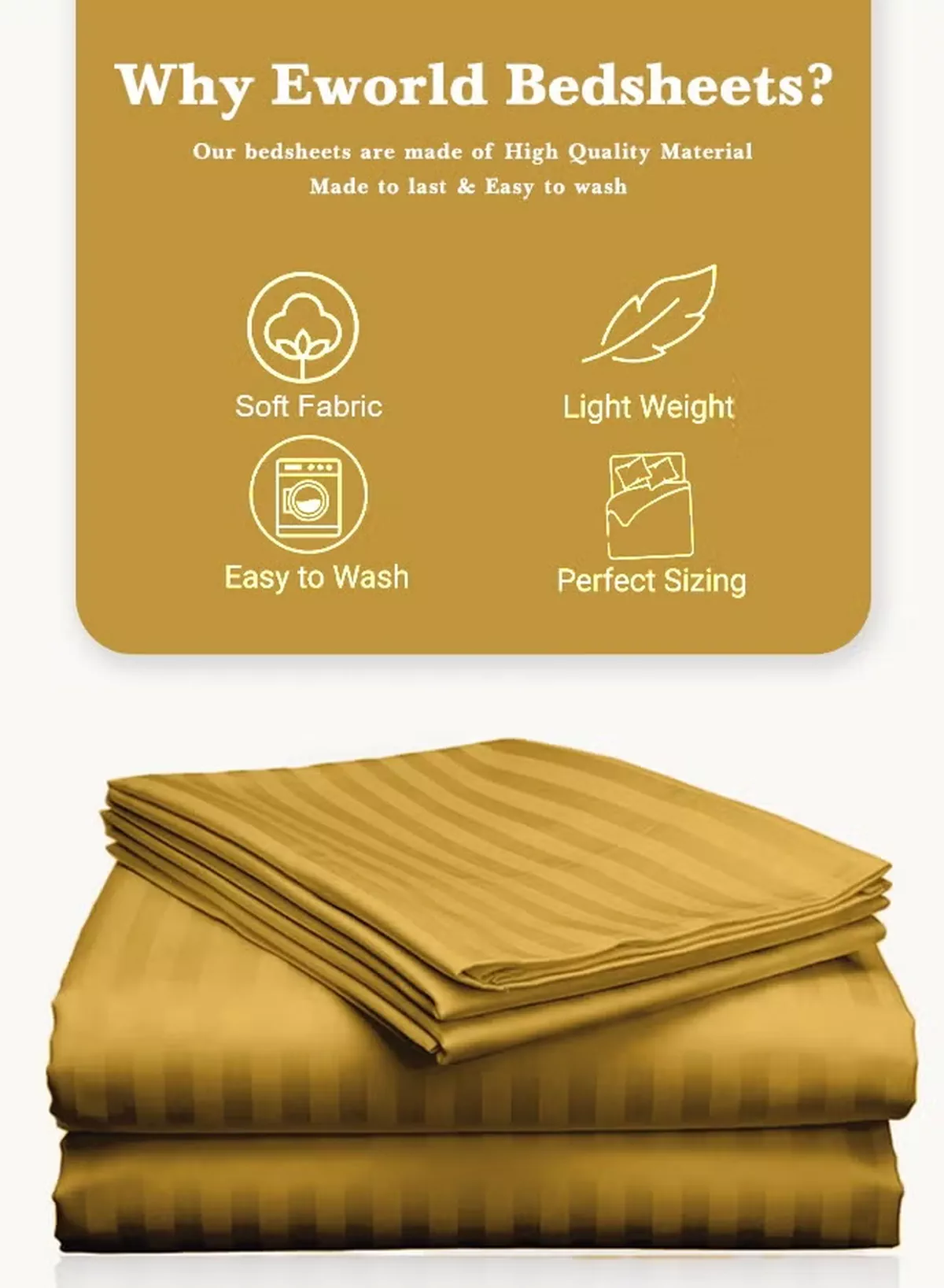 Eworld 3 Piece Luxury Gold Striped Bed Sheet Set with 1 Flat Sheet and 2 Pillowcases for Hotel and Home Crafted from Ultra Soft and Breathable Microfiber for Year-Round Comfort, (Single/Double)-4-4