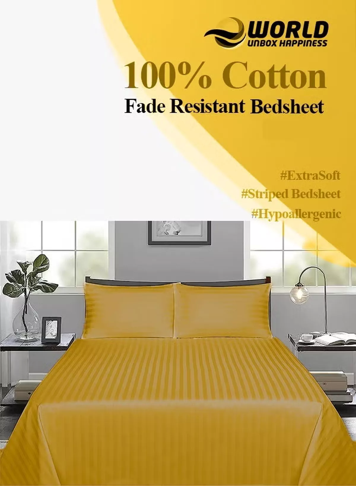 Eworld 3 Piece Luxury Gold Striped Bed Sheet Set with 1 Flat Sheet and 2 Pillowcases for Hotel and Home Crafted from Ultra Soft and Breathable Microfiber for Year-Round Comfort, (Single/Double)-2-2