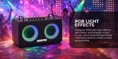 GEEPAS Bluetooth Speaker with UHF Microphone | 5-6 Hours Playtime, TF, USB, AUX, TWS, Micro SD Cards, MIC | Rechargeable Battery, Enhanced Quality, Simple Sound Control | RGB Light Effects, Perfect for Parties, Picnics, etc.| 2 Years Warranty GMS11203 Black 2 Years Warranty-1