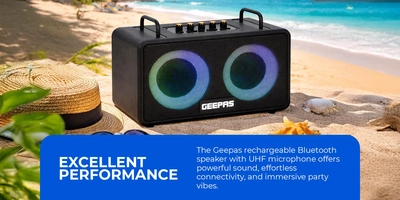 GEEPAS Bluetooth Speaker with UHF Microphone | 5-6 Hours Playtime, TF, USB, AUX, TWS, Micro SD Cards, MIC | Rechargeable Battery, Enhanced Quality, Simple Sound Control | RGB Light Effects, Perfect for Parties, Picnics, etc.| 2 Years Warranty GMS11203 Black 2 Years Warranty-3