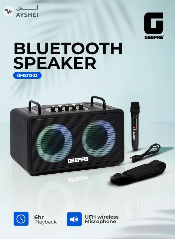 GEEPAS Bluetooth Speaker with UHF Microphone | 5-6 Hours Playtime, TF, USB, AUX, TWS, Micro SD Cards, MIC | Rechargeable Battery, Enhanced Quality, Simple Sound Control | RGB Light Effects, Perfect for Parties, Picnics, etc.| 2 Years Warranty GMS11203 Black 2 Years Warranty
