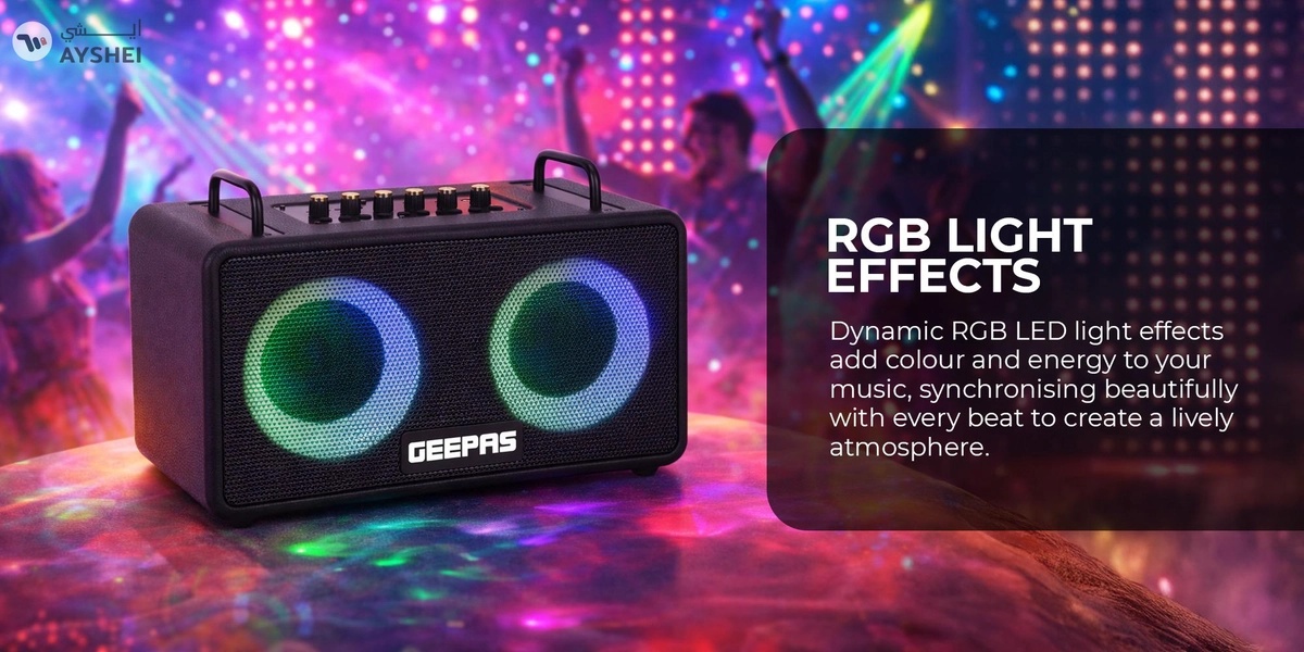 GEEPAS Bluetooth Speaker with UHF Microphone | 5-6 Hours Playtime, TF, USB, AUX, TWS, Micro SD Cards, MIC | Rechargeable Battery, Enhanced Quality, Simple Sound Control | RGB Light Effects, Perfect for Parties, Picnics, etc.| 2 Years Warranty GMS11203 Black 2 Years Warranty-1-1