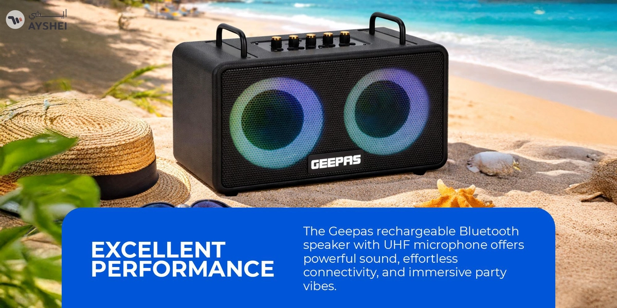 GEEPAS Bluetooth Speaker with UHF Microphone | 5-6 Hours Playtime, TF, USB, AUX, TWS, Micro SD Cards, MIC | Rechargeable Battery, Enhanced Quality, Simple Sound Control | RGB Light Effects, Perfect for Parties, Picnics, etc.| 2 Years Warranty GMS11203 Black 2 Years Warranty-3-3