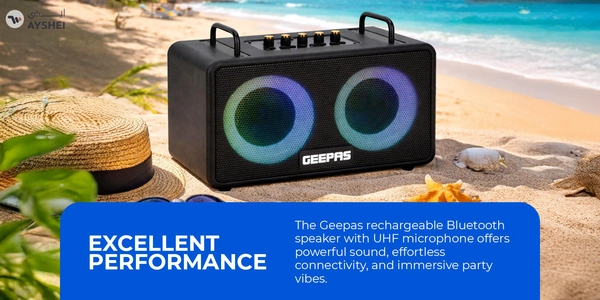 GEEPAS Bluetooth Speaker with UHF Microphone | 5-6 Hours Playtime, TF, USB, AUX, TWS, Micro SD Cards, MIC | Rechargeable Battery, Enhanced Quality, Simple Sound Control | RGB Light Effects, Perfect for Parties, Picnics, etc.| 2 Years Warranty GMS11203 Black 2 Years Warranty