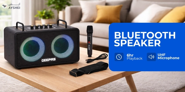 GEEPAS Bluetooth Speaker with UHF Microphone | 5-6 Hours Playtime, TF, USB, AUX, TWS, Micro SD Cards, MIC | Rechargeable Battery, Enhanced Quality, Simple Sound Control | RGB Light Effects, Perfect for Parties, Picnics, etc.| 2 Years Warranty GMS11203 Black 2 Years Warranty