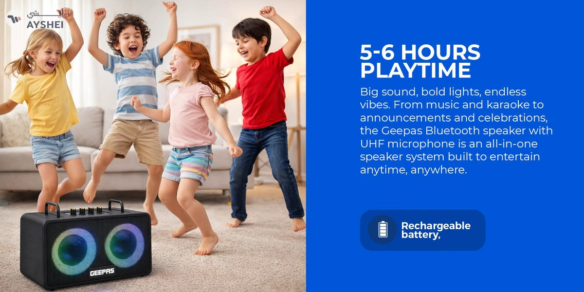 GEEPAS Bluetooth Speaker with UHF Microphone | 5-6 Hours Playtime, TF, USB, AUX, TWS, Micro SD Cards, MIC | Rechargeable Battery, Enhanced Quality, Simple Sound Control | RGB Light Effects, Perfect for Parties, Picnics, etc.| 2 Years Warranty GMS11203 Black 2 Years Warranty-4-4