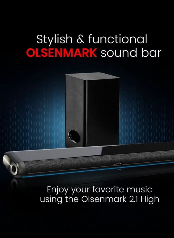 OLSENMARK OMMS1286, 2.1 High Bass Sound Bar, 1400W PMPO Sound Bar, Bluetooth, USB, AUX Connection, Mini Sound, Audio System for TV Speakers, Home Theater, Gaming, Projectors