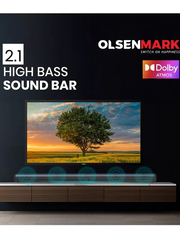 OLSENMARK OMMS1286, 2.1 High Bass Sound Bar, 1400W PMPO Sound Bar, Bluetooth, USB, AUX Connection, Mini Sound, Audio System for TV Speakers, Home Theater, Gaming, Projectors