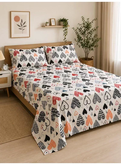 4-Piece Printed Cotton Bedsheet Set, Geometric Heart Pattern, 100% Cotton, 125 GSM, 1 Fitted Sheet + 1 Flat Sheet + 2 Pillowcases – Available in Single and King Sizes-0