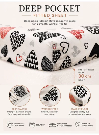 4-Piece Printed Cotton Bedsheet Set, Geometric Heart Pattern, 100% Cotton, 125 GSM, 1 Fitted Sheet + 1 Flat Sheet + 2 Pillowcases – Available in Single and King Sizes-3