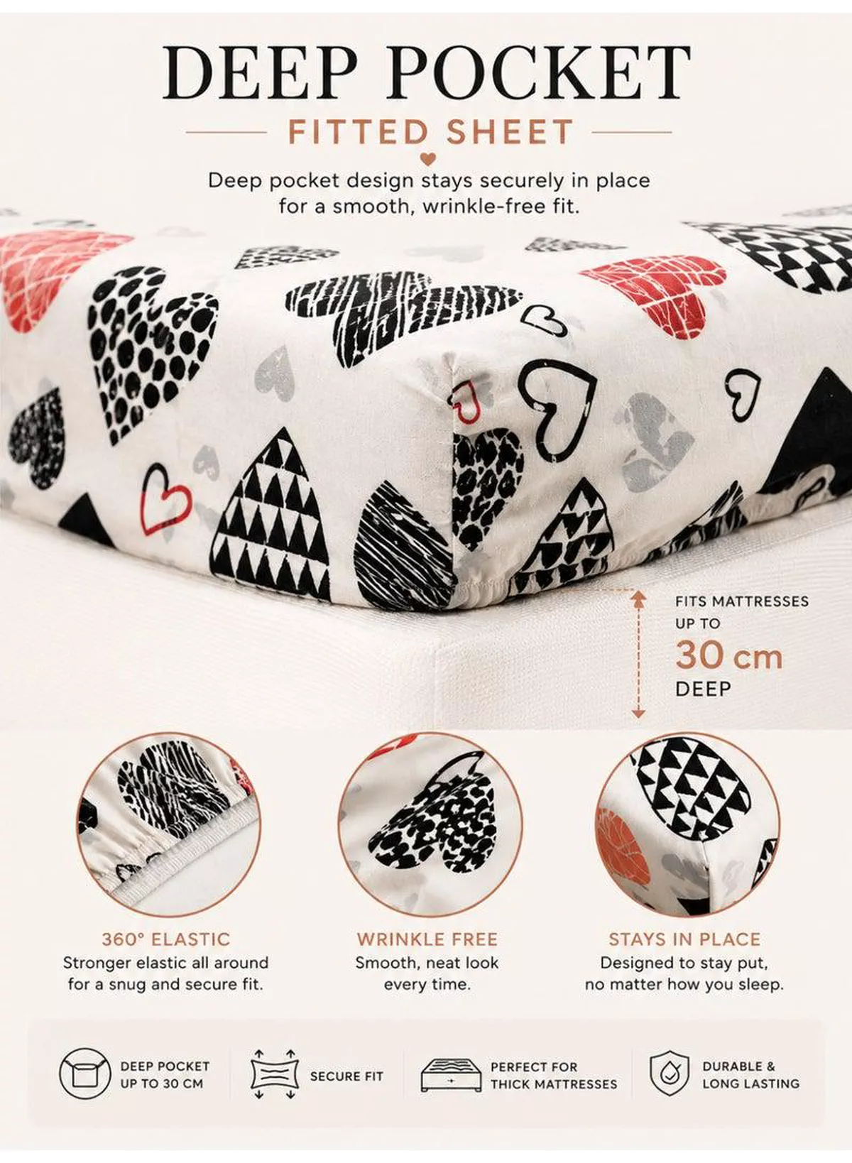4-Piece Printed Cotton Bedsheet Set, Geometric Heart Pattern, 100% Cotton, 125 GSM, 1 Fitted Sheet + 1 Flat Sheet + 2 Pillowcases – Available in Single and King Sizes-3-3