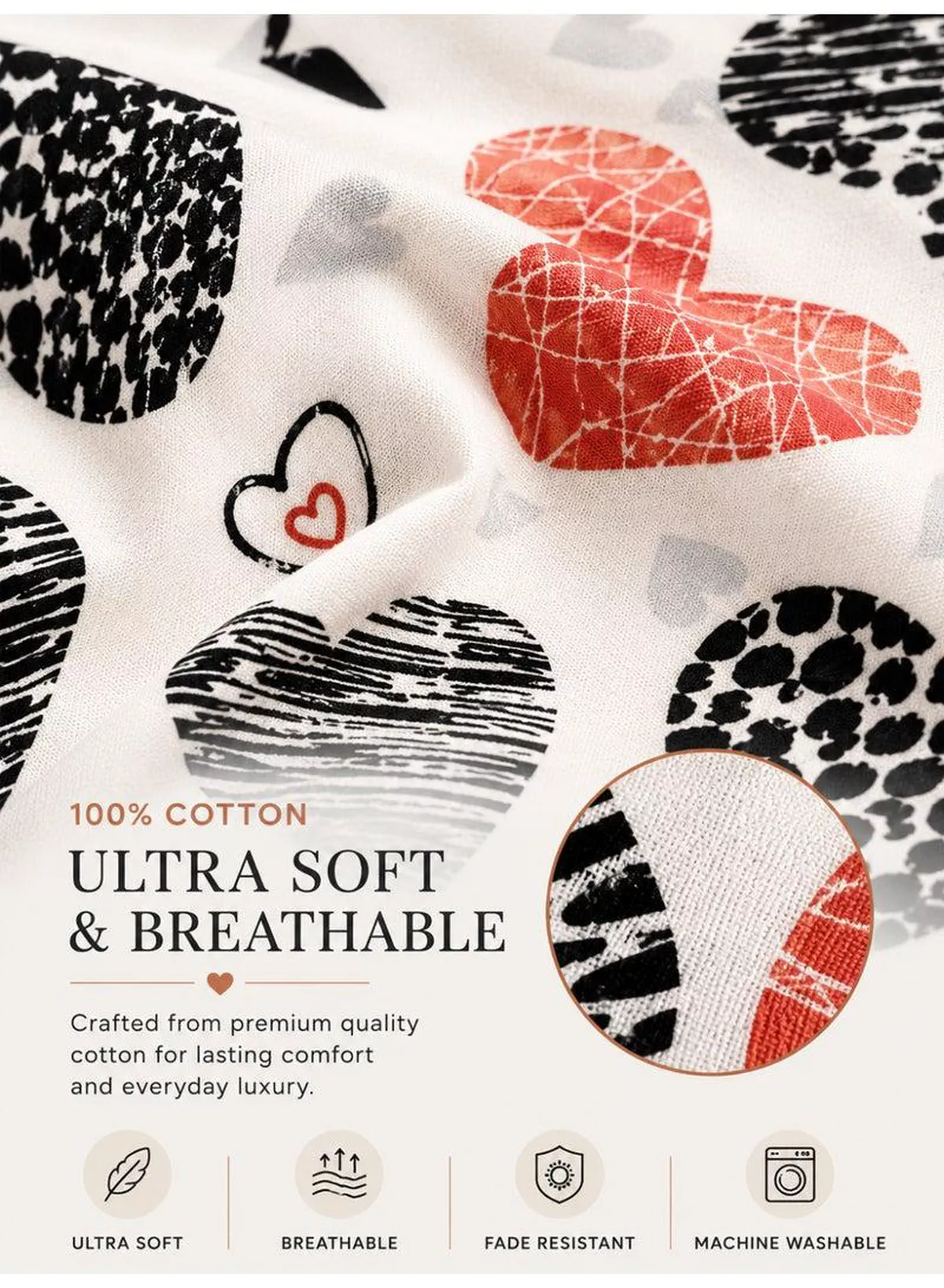 4-Piece Printed Cotton Bedsheet Set, Geometric Heart Pattern, 100% Cotton, 125 GSM, 1 Fitted Sheet + 1 Flat Sheet + 2 Pillowcases – Available in Single and King Sizes-4-4