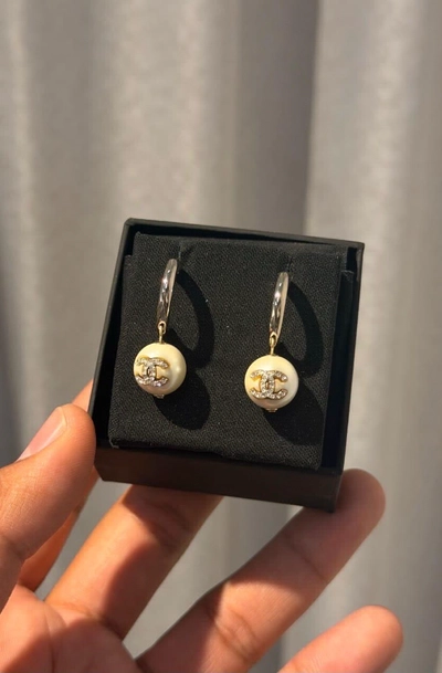 Chanel Pearl & Crystal CC Hoop Earrings-0