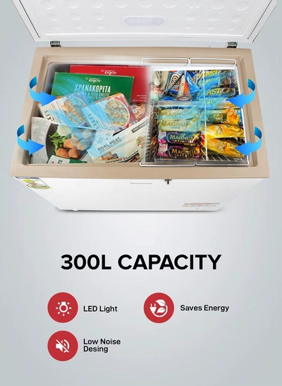 GEEPAS 300L Gross/260L Net Capacity Freestanding Chest Freezer With Compressor Swith Off Function, LED Light, Lock & Key, High-Efficiency Monolithic Foaming, 2 Food Basket, Adjustable Thermostat 350 L 155 W GCF3006WAH White-2