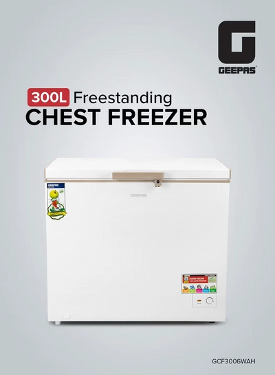GEEPAS 300L Gross/260L Net Capacity Freestanding Chest Freezer With Compressor Swith Off Function, LED Light, Lock & Key, High-Efficiency Monolithic Foaming, 2 Food Basket, Adjustable Thermostat 350 L 155 W GCF3006WAH White-0