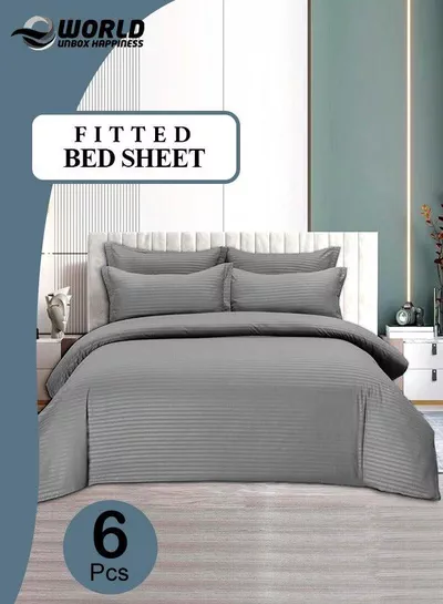 6-Piece Premium King Size Bedding Set, Grey Striped Design and High Quality Microfiber Hotel Luxury Bedsheet Soft Quilt Cover and Pillowcases-0