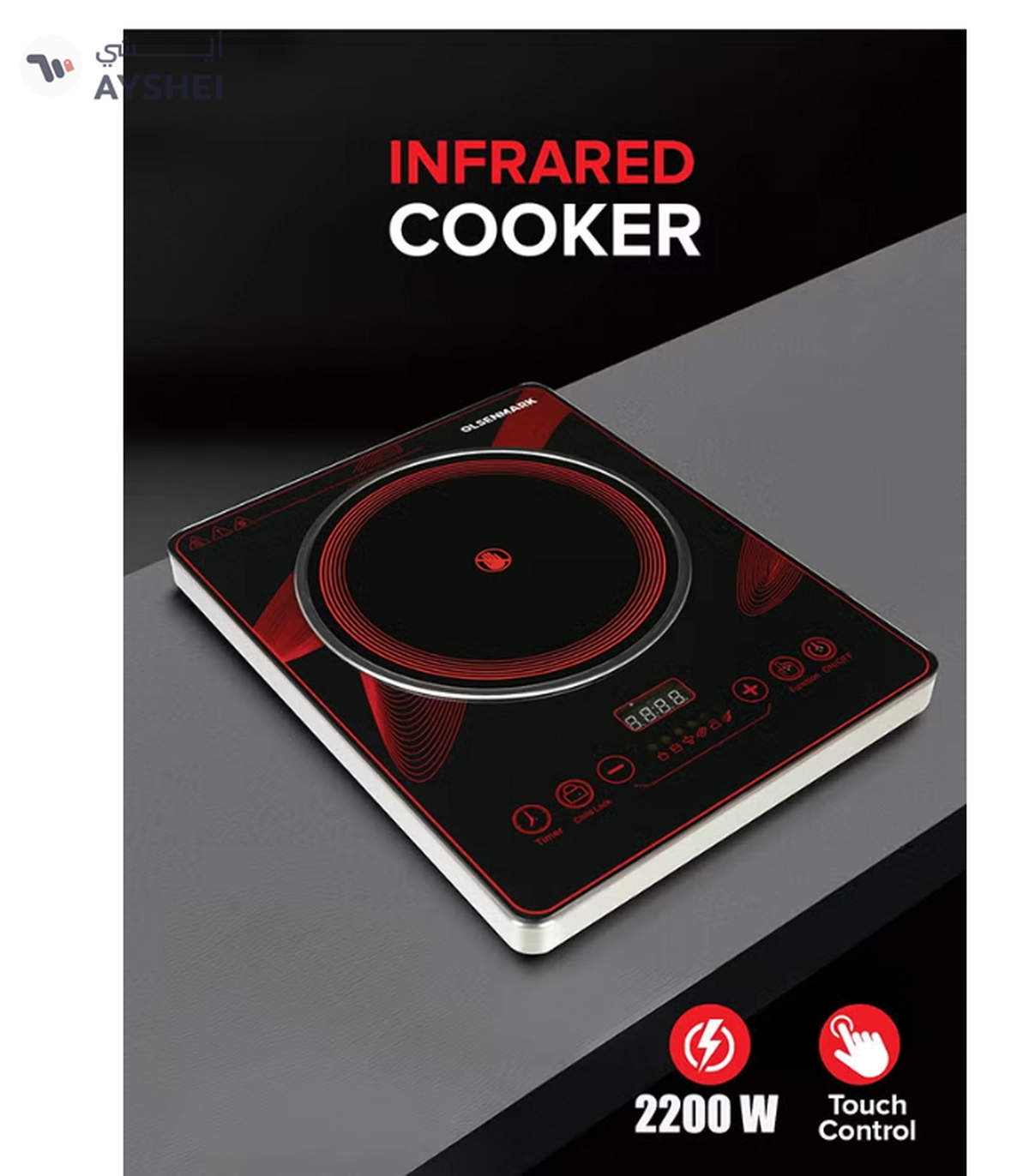 Olsenmark Digital Control Electric Infrared Cooker, Single Cooking Hob, Burner With Adjustable Temperature, Energy Saving/ Touch Control, 20 Settings, Stainless Steel Body and Tempered Glass Panel, 2 Years Warranty 2200 W OMIC2092M Black/Red-0-0