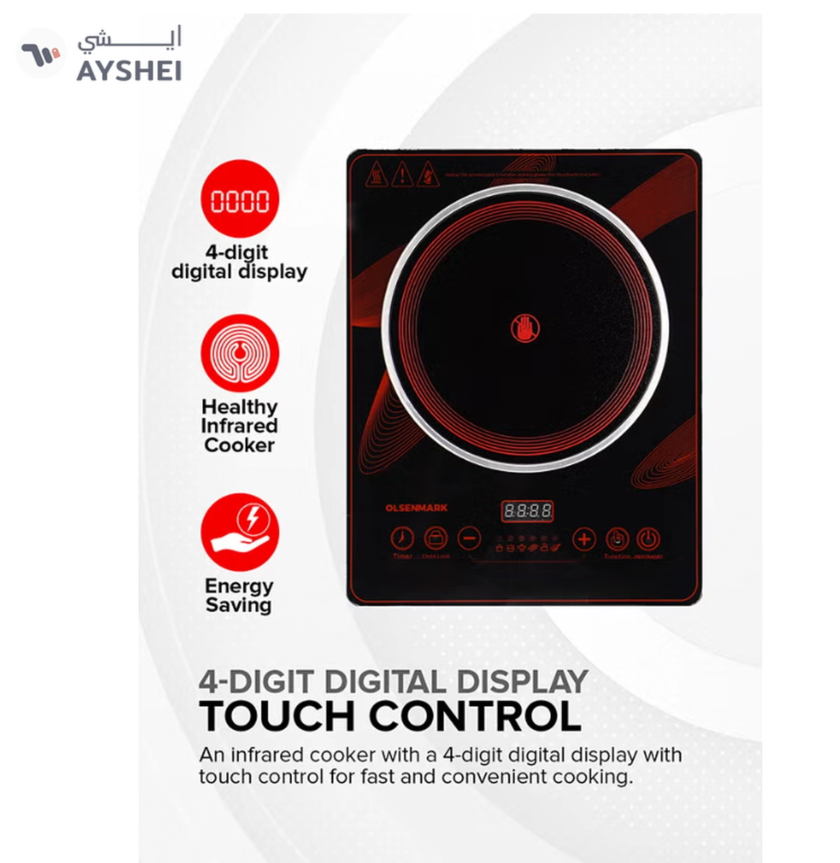 Olsenmark Digital Control Electric Infrared Cooker, Single Cooking Hob, Burner With Adjustable Temperature, Energy Saving/ Touch Control, 20 Settings, Stainless Steel Body and Tempered Glass Panel, 2 Years Warranty 2200 W OMIC2092M Black/Red-2-2