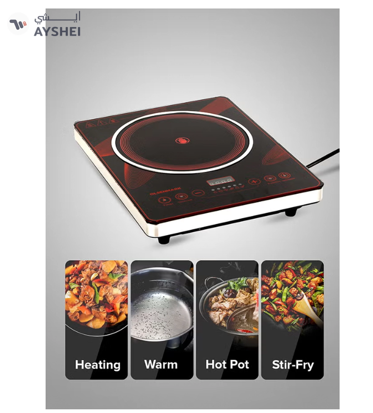 Olsenmark Digital Control Electric Infrared Cooker, Single Cooking Hob, Burner With Adjustable Temperature, Energy Saving/ Touch Control, 20 Settings, Stainless Steel Body and Tempered Glass Panel, 2 Years Warranty 2200 W OMIC2092M Black/Red-4-4
