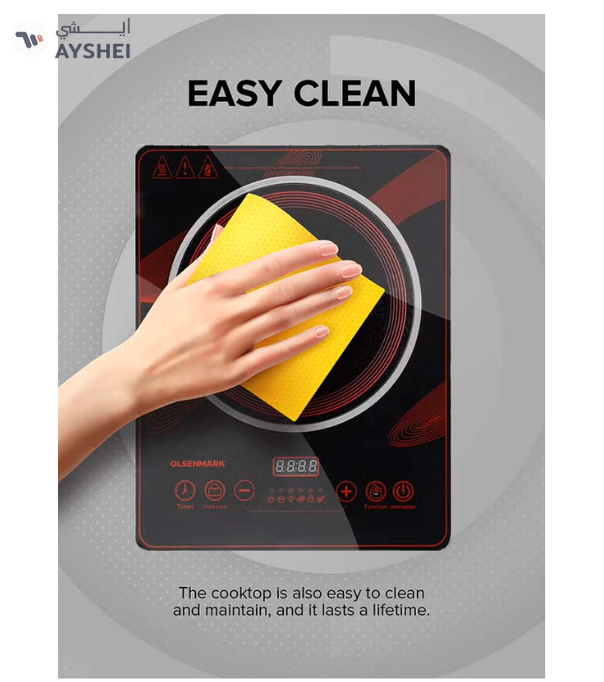 Olsenmark Digital Control Electric Infrared Cooker, Single Cooking Hob, Burner With Adjustable Temperature, Energy Saving/ Touch Control, 20 Settings, Stainless Steel Body and Tempered Glass Panel, 2 Years Warranty 2200 W OMIC2092M Black/Red-5-5
