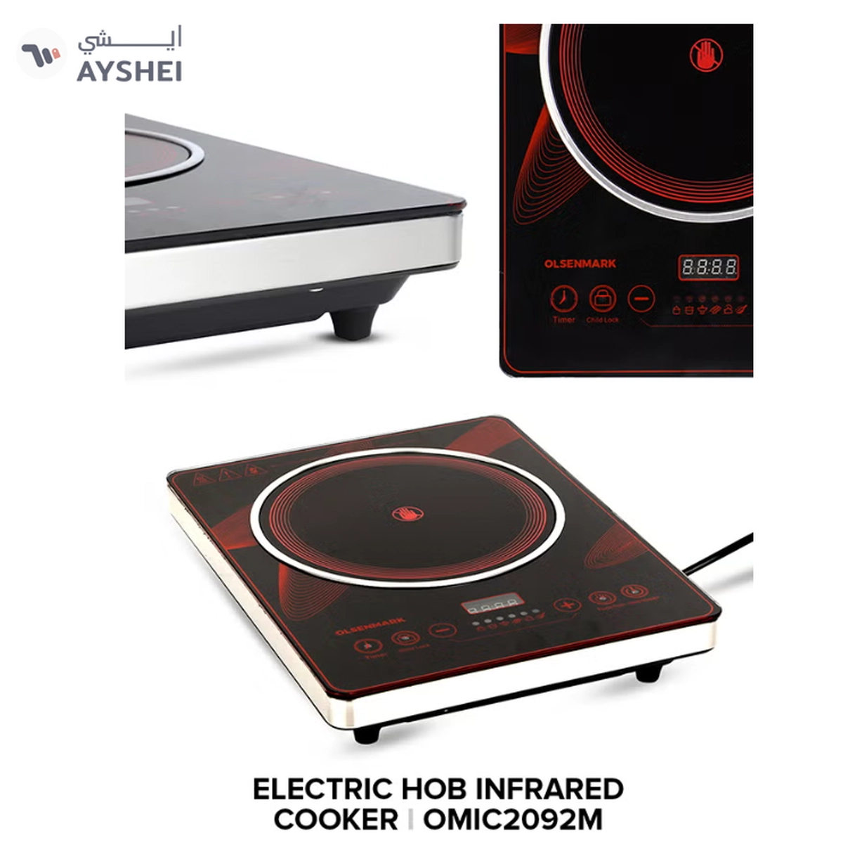 Olsenmark Digital Control Electric Infrared Cooker, Single Cooking Hob, Burner With Adjustable Temperature, Energy Saving/ Touch Control, 20 Settings, Stainless Steel Body and Tempered Glass Panel, 2 Years Warranty 2200 W OMIC2092M Black/Red-3-3