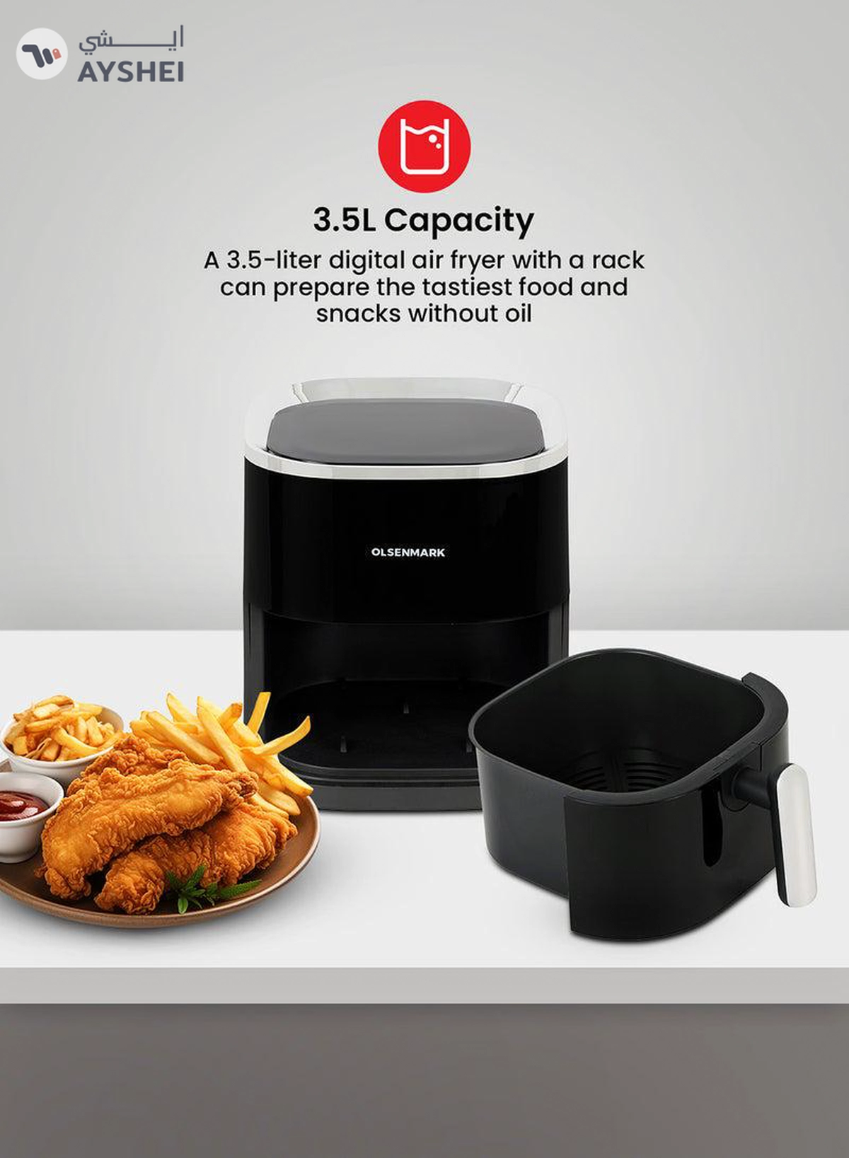 Olsenmark 3.5L Digital Air Fryer – Oil-Free Healthy Cooking with Non-Stick Pot & Tray-2-2