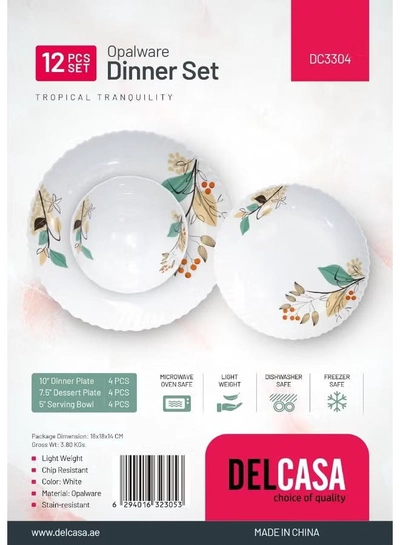 Delcasa DC3304 Tropical Tranquility Opalware Dinner Set 12-Pieces, White-6