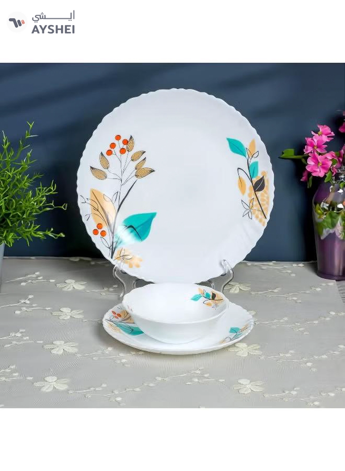 Delcasa DC3304 Tropical Tranquility Opalware Dinner Set 12-Pieces, White-4-4