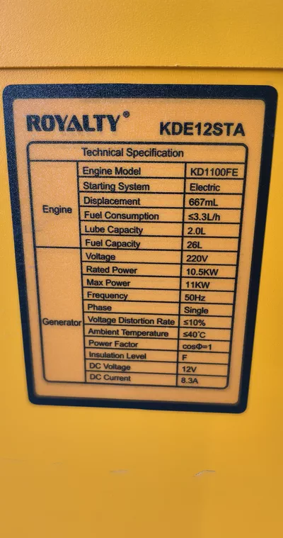 Royalty Generator 11Kw Silent Diesel Engine Single Phase 230V-1
