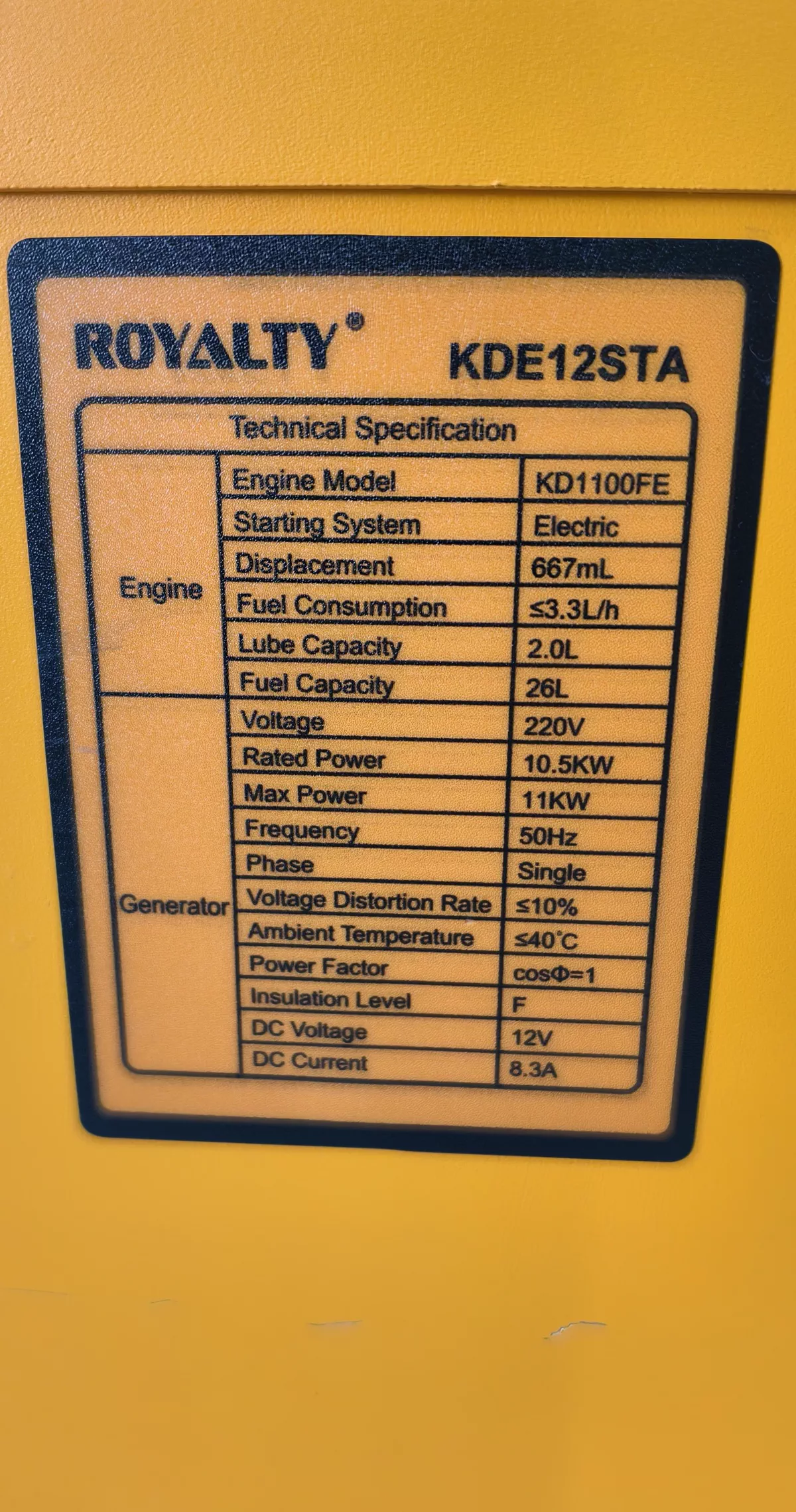 Royalty Generator 11Kw Silent Diesel Engine Single Phase 230V-1-1