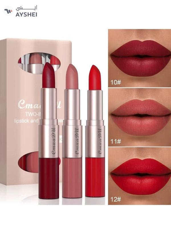 CmaaDu Long-Lasting 3-Color Lipstick & Lip Gloss Set - Double Headed Design for Natural, Texture 