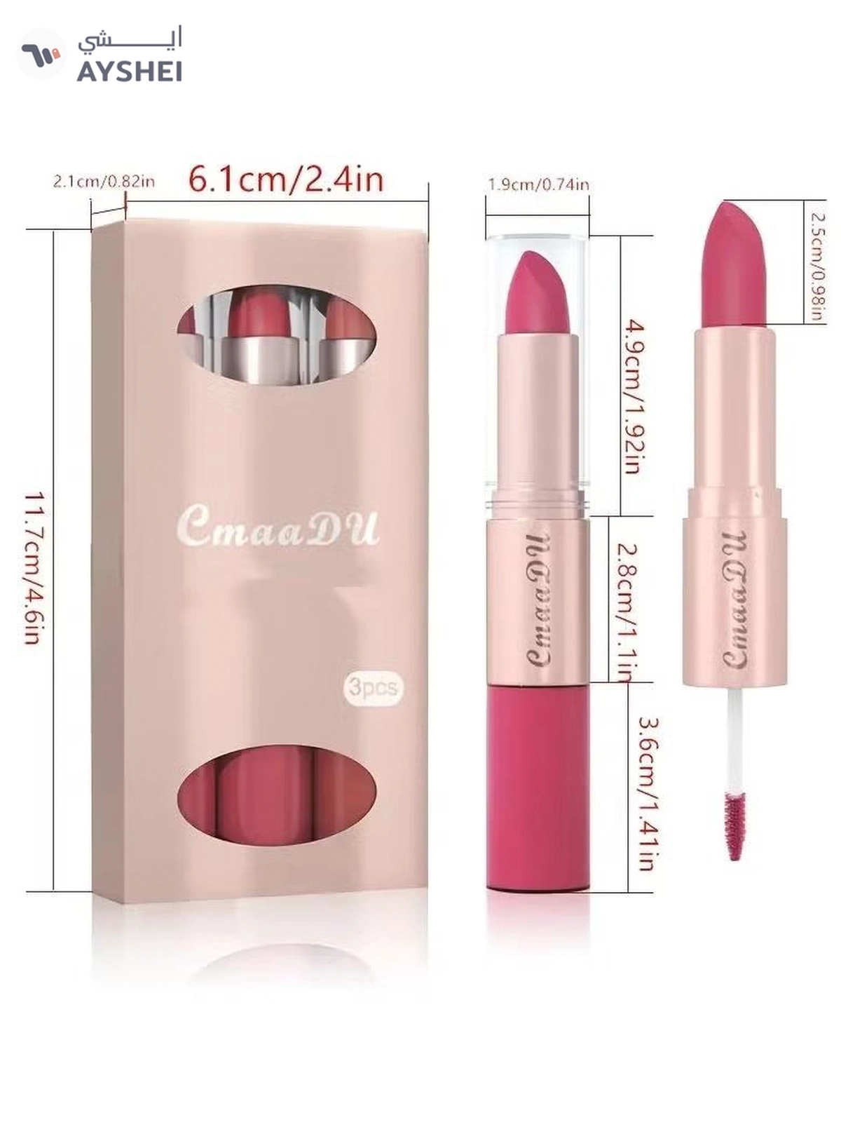 CmaaDu Long-Lasting 3-Color Lipstick & Lip Gloss Set - Double Headed Design for Natural, Texture -4-4
