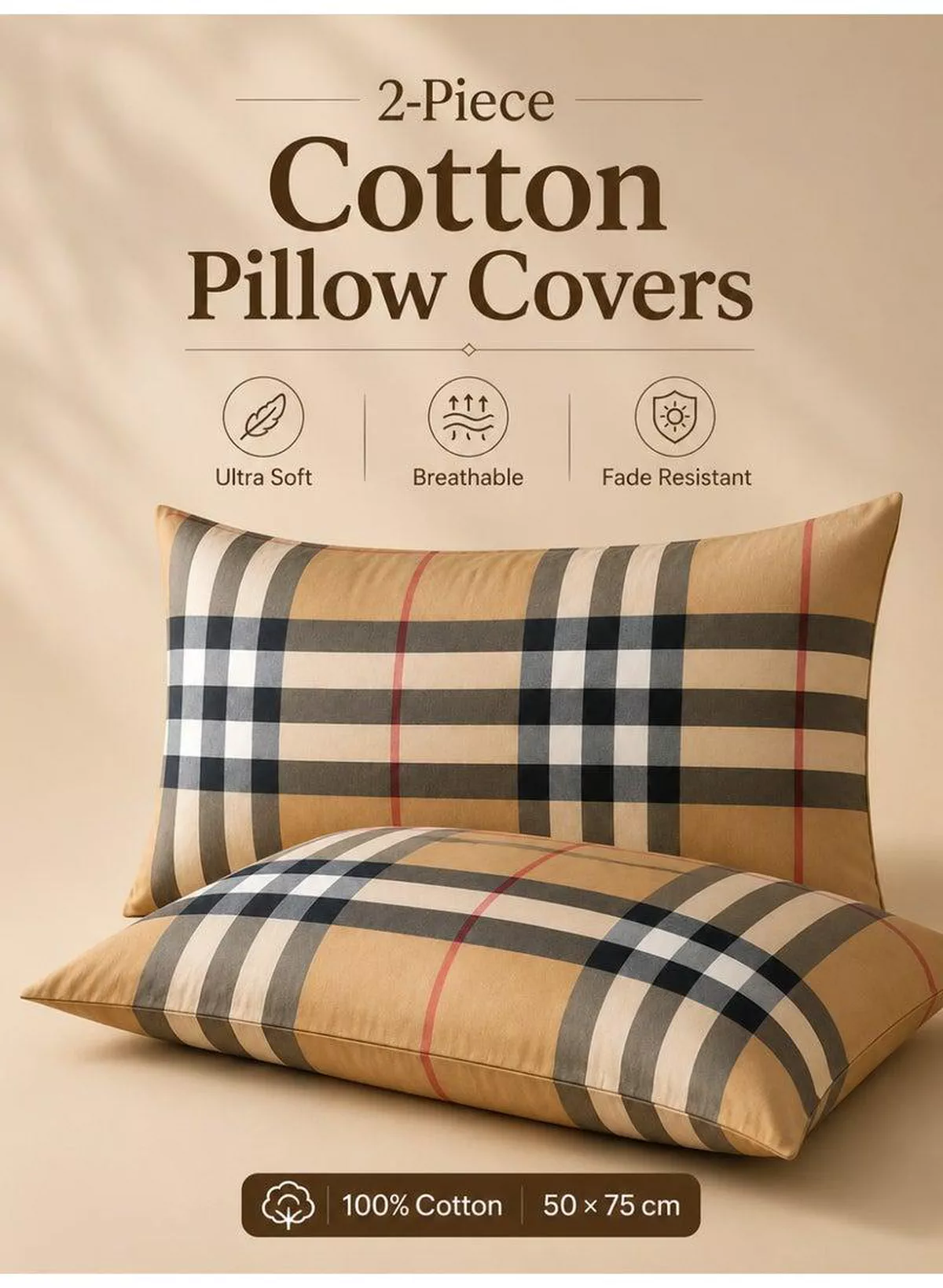 Set of 2 100% Cotton Printed Pillow Covers, Tartan Plaid / Check Pattern, 125 GSM Fabric, Soft & Breathable, Envelope Closure, Fade Resistant & Machine Washable – 50 x 75 cm