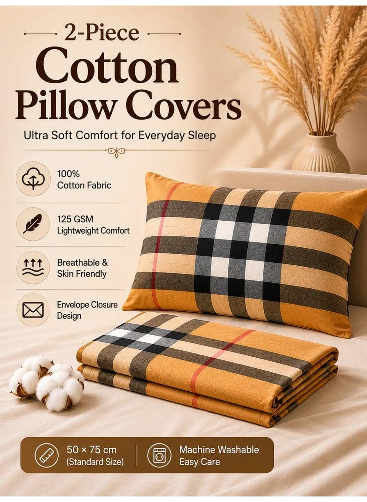 Set of 2 100% Cotton Printed Pillow Covers, Tartan Plaid / Check Pattern, 125 GSM Fabric, Soft & Breathable, Envelope Closure, Fade Resistant & Machine Washable – 50 x 75 cm-4-4