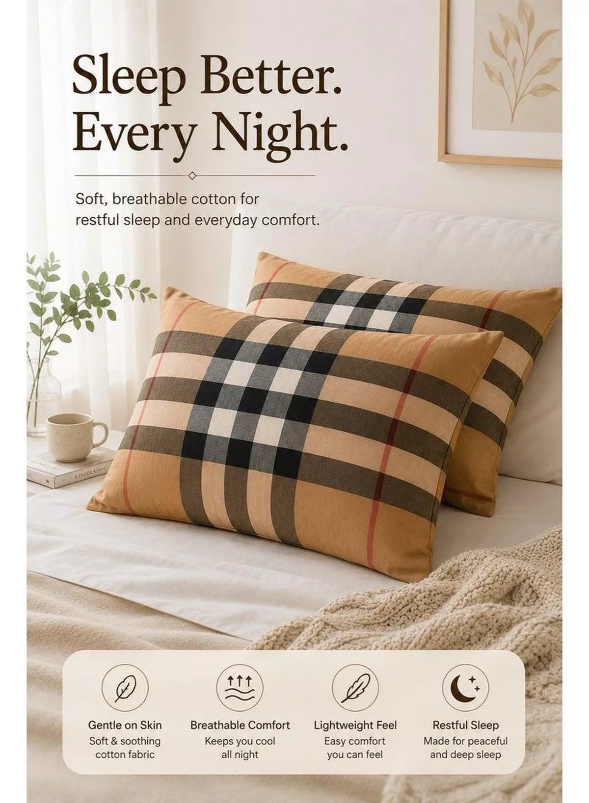 Set of 2 100% Cotton Printed Pillow Covers, Tartan Plaid / Check Pattern, 125 GSM Fabric, Soft & Breathable, Envelope Closure, Fade Resistant & Machine Washable – 50 x 75 cm-6-6