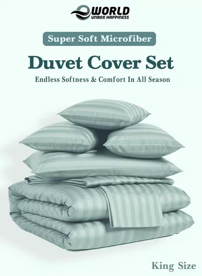 Premium Striped Duvet Set All Season – 6-Pieces Set Pastel Green | King Size 220x240 cm | Ultra-Soft, Wrinkle-Resistant & Made in Dubai | Includes Duvet Cover, Fitted Sheet (200x200 cm) & 4 Pillowcases (50x70 cm)-2