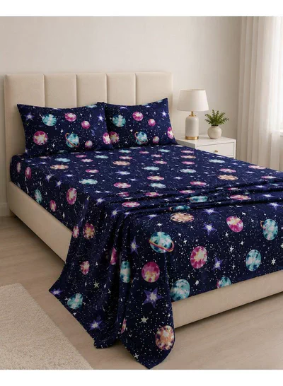 4-Piece Printed Cotton Bedsheet Set, Galaxy Design, 100% Cotton, 125 GSM, 1 Fitted Sheet + 1 Flat Sheet + 2 Pillowcases – Available in Single and King Sizes-0