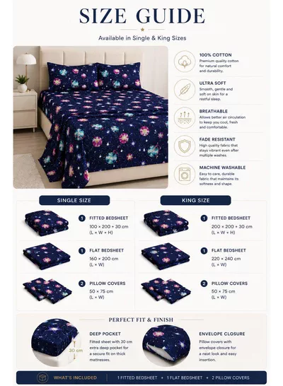 4-Piece Printed Cotton Bedsheet Set, Galaxy Design, 100% Cotton, 125 GSM, 1 Fitted Sheet + 1 Flat Sheet + 2 Pillowcases – Available in Single and King Sizes-1