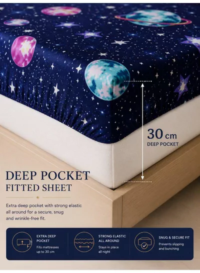 4-Piece Printed Cotton Bedsheet Set, Galaxy Design, 100% Cotton, 125 GSM, 1 Fitted Sheet + 1 Flat Sheet + 2 Pillowcases – Available in Single and King Sizes-3
