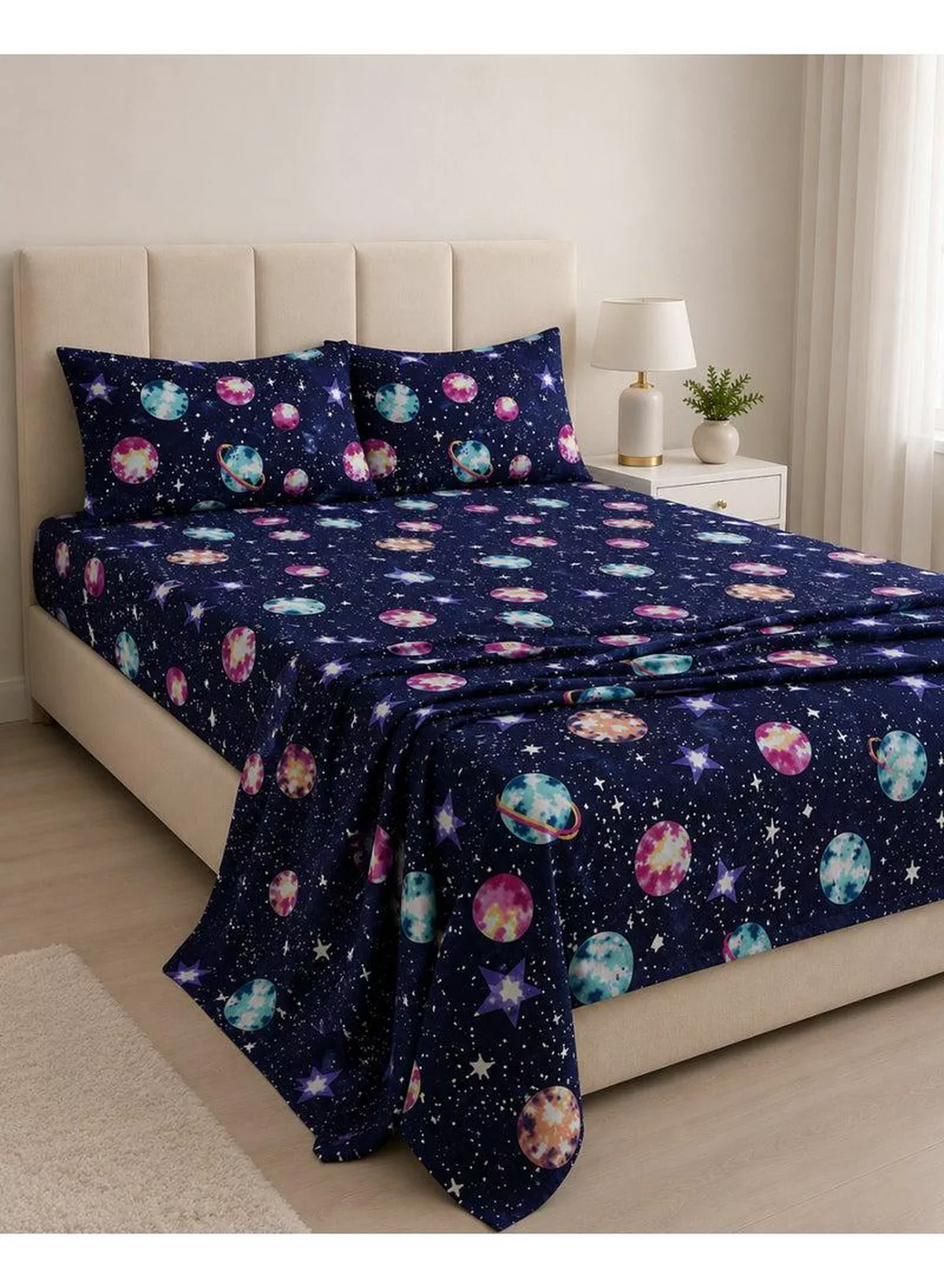 4-Piece Printed Cotton Bedsheet Set, Galaxy Design, 100% Cotton, 125 GSM, 1 Fitted Sheet + 1 Flat Sheet + 2 Pillowcases – Available in Single and King Sizes