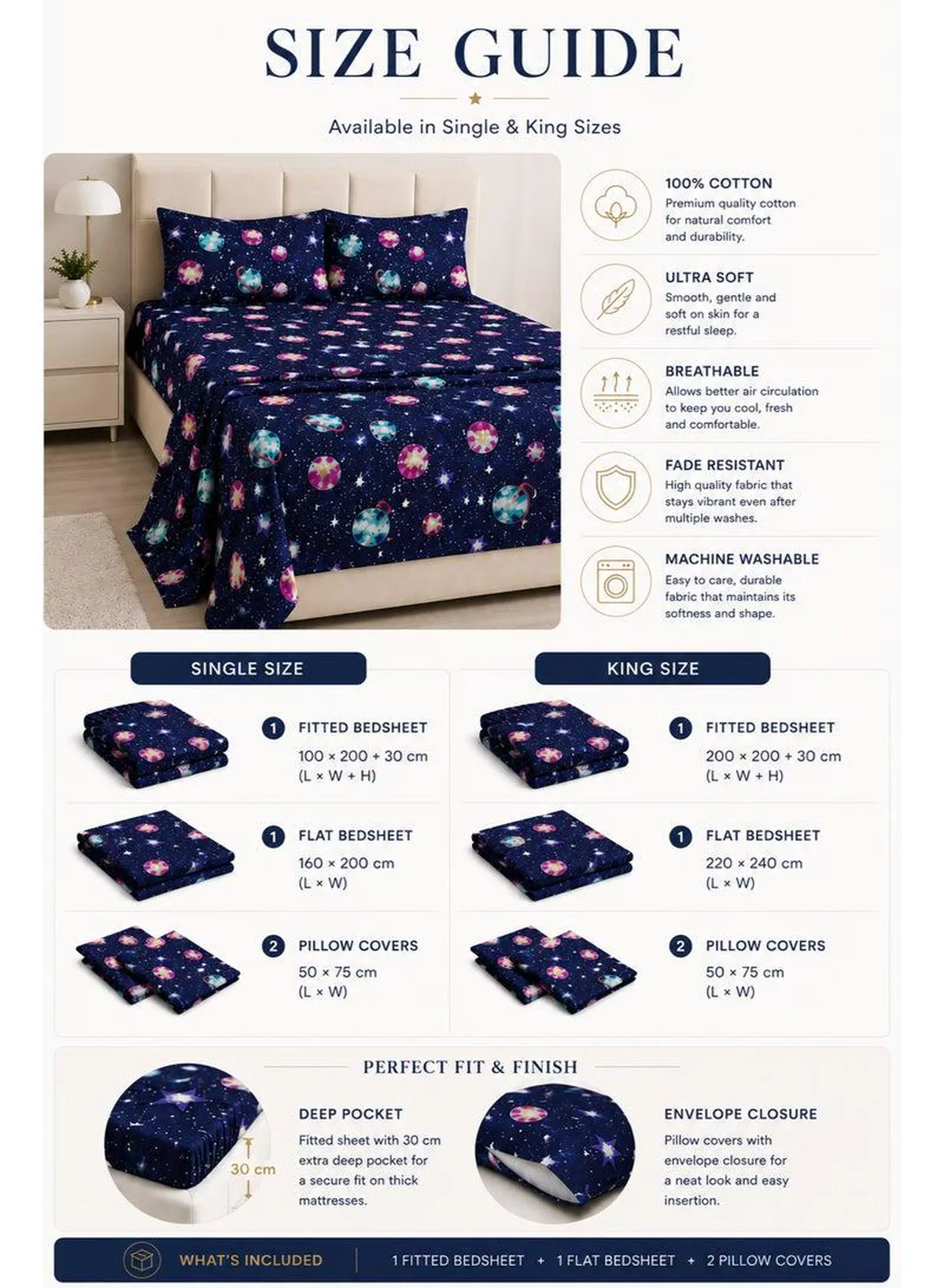 4-Piece Printed Cotton Bedsheet Set, Galaxy Design, 100% Cotton, 125 GSM, 1 Fitted Sheet + 1 Flat Sheet + 2 Pillowcases – Available in Single and King Sizes-1-1